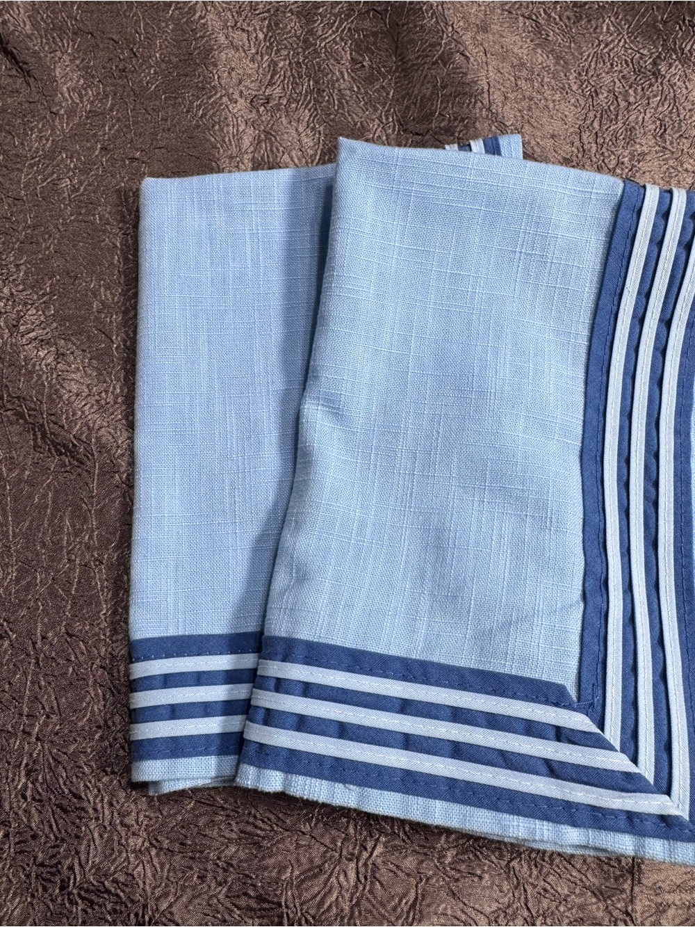 Light Blue Linen-Look Table placemats with Navy Trim - Set of 2